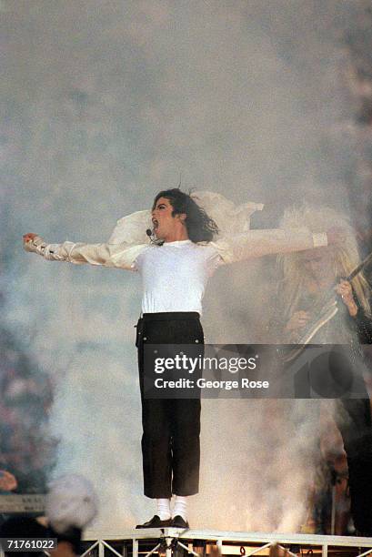 Michael Jackson performs during the Halftime show as the Dallas Cowboys take on the Buffalo Bills in Super Bowl XXVII at Rose Bowl on January 31,...