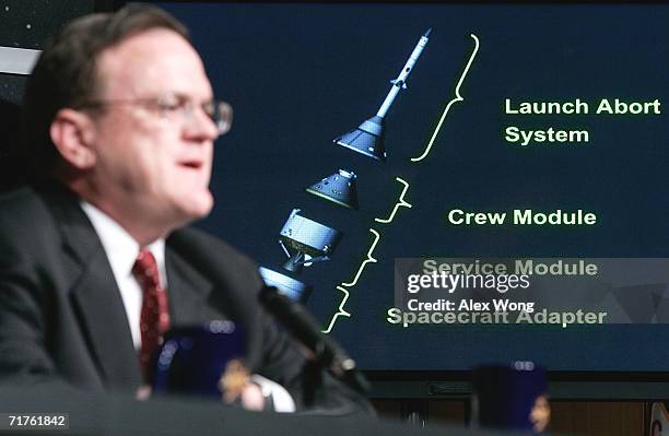 Crew Exploration Vehicle Project Office Manager Caris Hatfield explains the structure of the Orion Spacecraft during a news conference to announce...