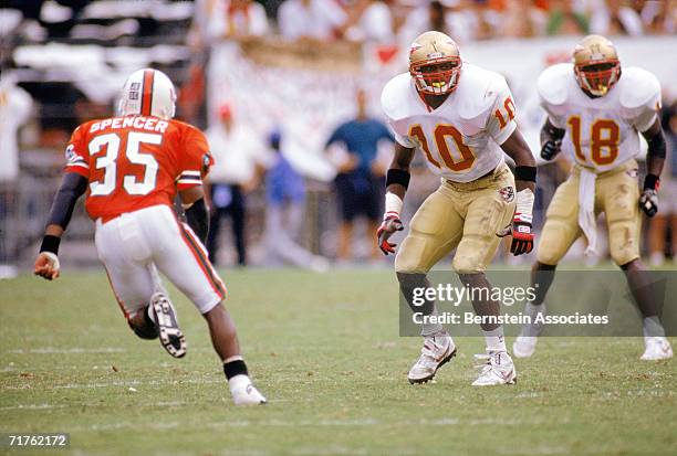 Derrick Brooks of the Florida State Seminoles plays defense against the Miami Hurricanes on October 3, 1992 at Miami Orange Bowl in Miami, Florida.