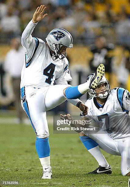 John Kasay of the Carolina Panthers kicks his fourth field goal of the game against the Pittsburgh Steelers on August 31, 2006 at Heinz Field in...