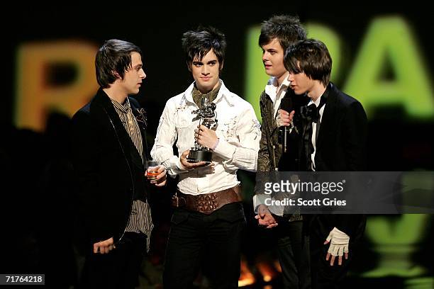 Musicians Jon Walker, Brendon Urie, Spencer Smith and Ryan Ross of Panic! At The Disco accept the award for "Video of the Year" onstage at the 2006...