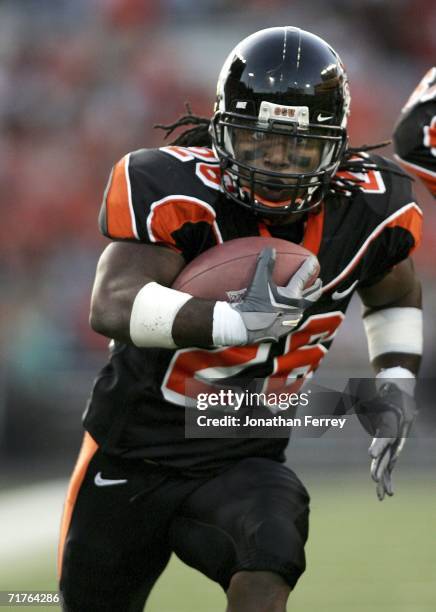 Yvenson Bernard of the Oregon State Beavers runs for a touchdown against the Eastern Washington Eagles on August 31, 2006 at Reser Stadium in...