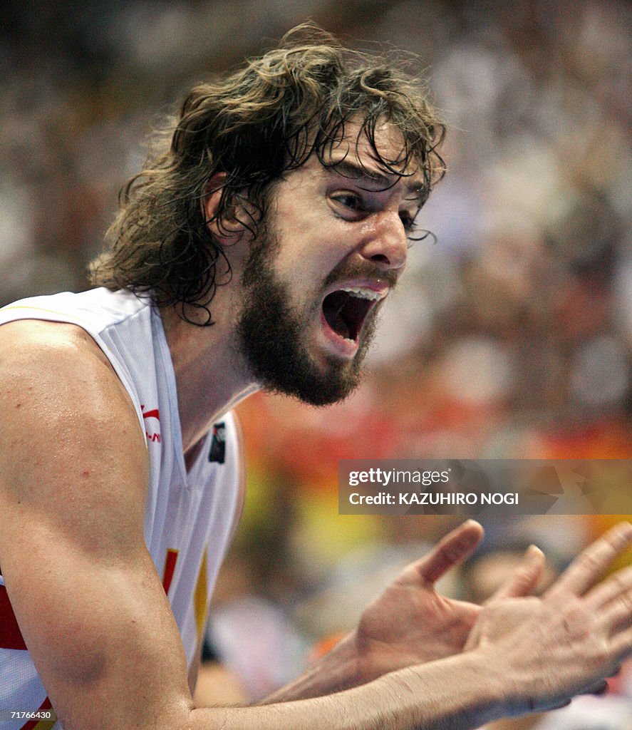 Spanish Pau Gasol reacts to a referee's