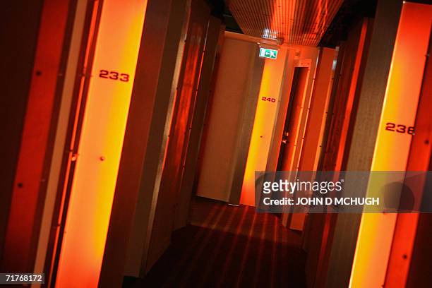 United Kingdom: A corridor on the red floor at the Hoxton Hotel in London, is pictured 31 August 2006. The Hoxton Hotel in central London opened last...