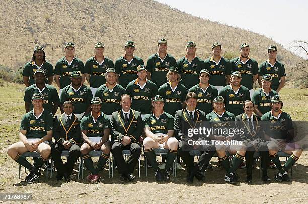 The Springbok Team pose for a photocall at Kwa Maritane Bush Lodge on September 1, 2006 in Rustenburg, South Africa. Back Akona Ndungane, Jaque...