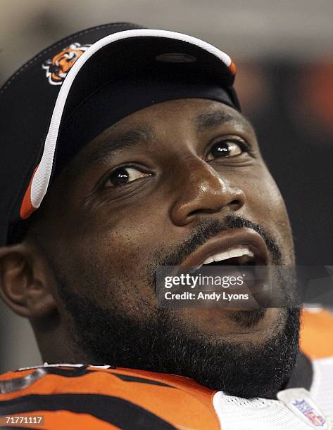 Rudi Johnson of the Cincinnati Bengals smiles on the sidelines during the NFL pre-season game against the Indianapolis Colts on September 1, 2006 at...