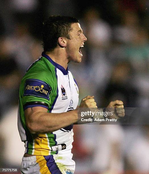 Todd Carney of the Raiders celebrates his try during the round 26 NRL match between the Cronulla-Sutherland Sharks and the Canberra Raiders at Toyota...