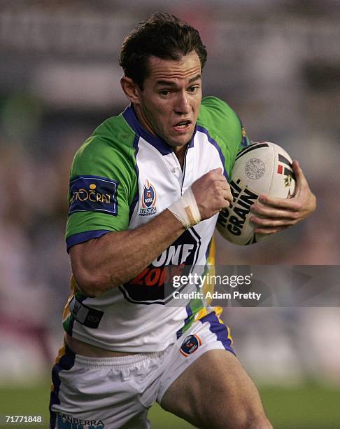 Phil Graham of the Raiders runs during the round 26 NRL match between the Cronulla-Sutherland Sharks and the Canberra Raiders at Toyota Park on...