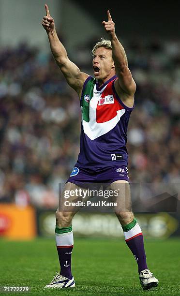 Shaun McManus of the Dockers celebrates a goal during the round 22 AFL match between the Fremantle Dockers and the Port Adelaide Power at Subiaco...