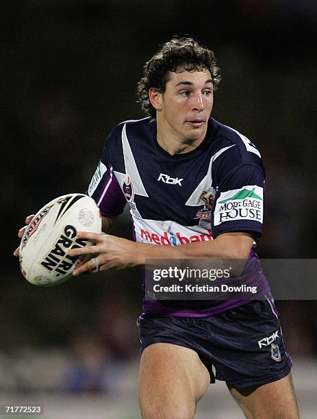 Billy Slater of the Storm looks to pass during the round 26 NRL match between the Melbourne Storm and the Manly Warringah Sea Eagles at Olympic Park...