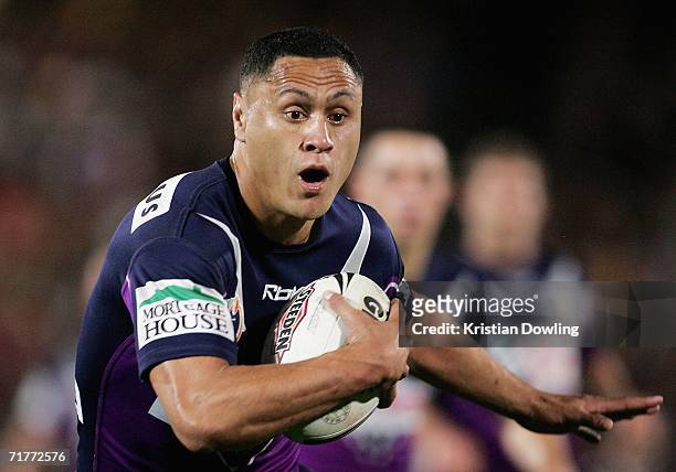David Kidwell of the Storm makes a break during the round 26 NRL match between the Melbourne Storm and the Manly Warringah Sea Eagles at Olympic Park...