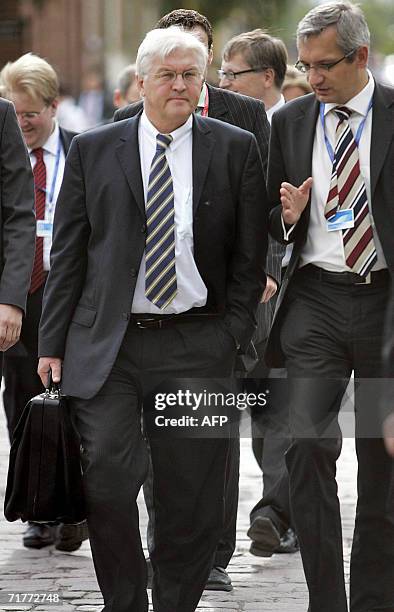 Lappeenranta , FINLAND: German Foreign Minister Frank-Walter Steinmeier leaves a working session on the second day of the Informal Foreign Affairs...