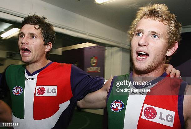 Justin Longmuir and David Mundy of the Dockers celebrate winning the round 22 AFL match between the Fremantle Dockers and the Port Adelaide Power at...