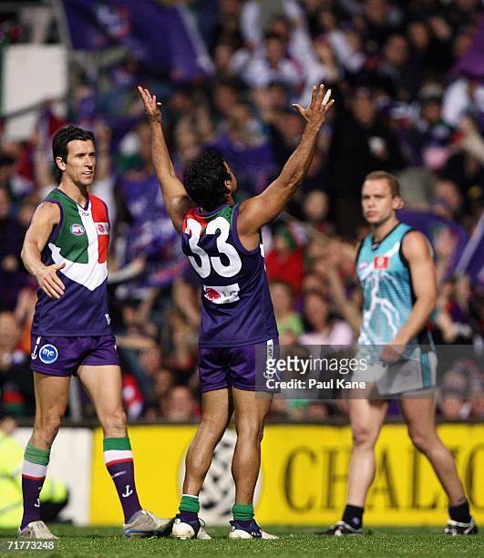Jeff Farmer of the Dockers celebrates a goal during the round 22 AFL match between the Fremantle Dockers and the Port Adelaide Power at Subiaco Oval...