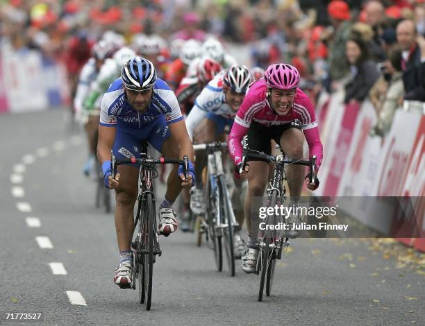 Francesco Chicchi of Italy and QuickStep-Innergetic beats Mark Cavendish of Great Britain and T-Mobile to the sprint finish to win stage 5 of the...