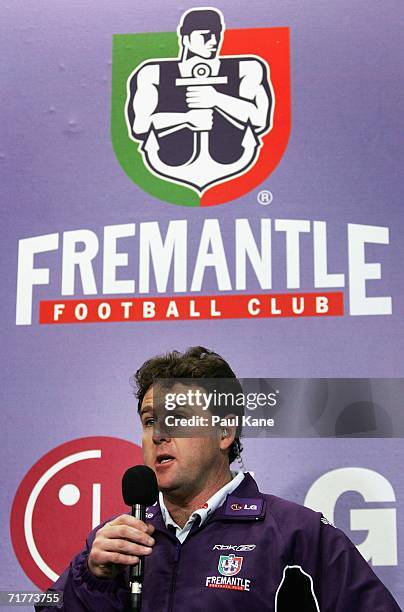 Chris Connolly, coach of the Dockers, talks to the media after winning the round 22 AFL match between the Fremantle Dockers and the Port Adelaide...