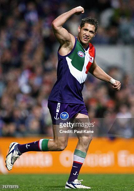 Des Headland of the Dockers celebrates a goal during the round 22 AFL match between the Fremantle Dockers and the Port Adelaide Power at Subiaco Oval...
