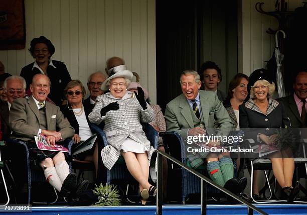 Prince Philip, Duke of Edinburgh, Queen Elizabeth II, Prince Charles, The Prince of Wales and Camilla, Duchess of Cornwall break into laughter as...