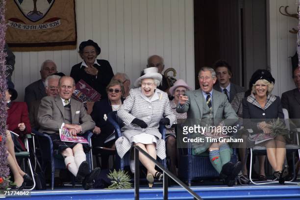 Prince Charles, Prince of Wales and Camilla, Duchess of Cornwall with Queen Elizabeth II and Prince Philip, Duke of Edinburgh laugh at their Balmoral...