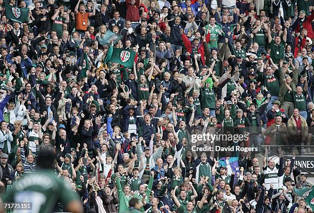 The London Irish fans celebrate their victory during the Guinness Premiership match between London Irish and NEC Harlequins at Twickenham on...