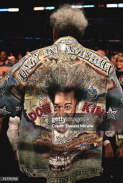 Promoter Don King wears a jacket depicting himself during the Robert Guerrero and Eric Aiken IBF featherweight championship fight at Staples Center...