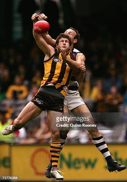 Brad Ottens of the Cats and Campbell Brown of the Hawks contest during the round 22 AFL match between the Hawthorn Hawks and the Geelong Cats at the...