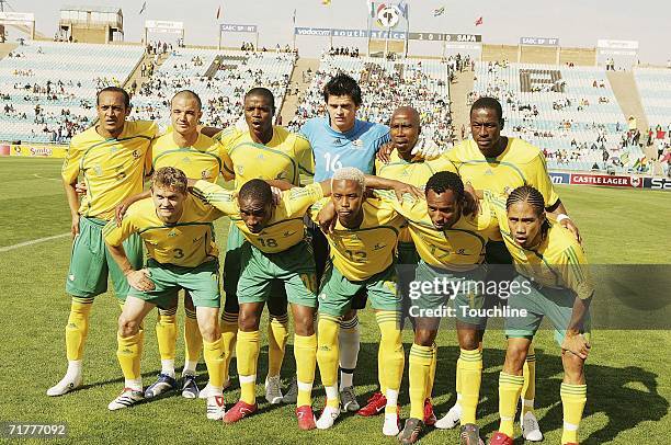 The South Africa players line up for a team group photo before the African Nations Cup Qualifier between South Africa and Congo at FNB Stadium on...