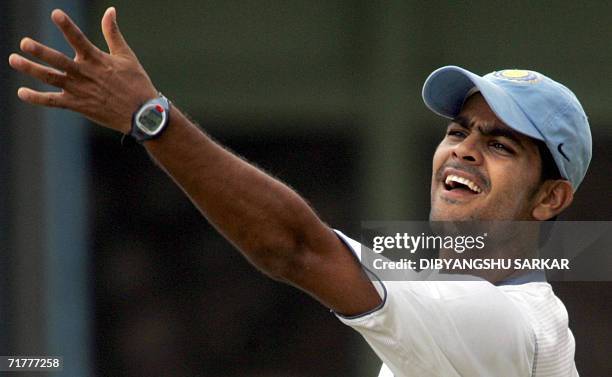 Indian cricketer Rudra Pratap Singh gestures during a practice session at The National Cricket Academy in Bangalore, 03 September 2006. A nine day...