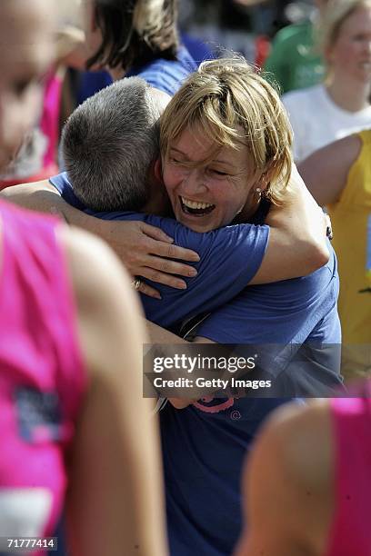 Runners congratulate each other after finishing the 5km run during the Lucozade Hydro Active Womens Challenge in Hyde Park on September 3, 2006 in...