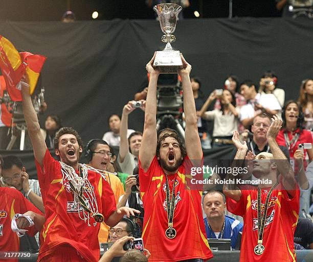 Pau Gasol of Spain celebrates after defeating Greece in the 2006 FIBA World Championship Final Round on September 3, 2006 at the Saitama Super Arena...