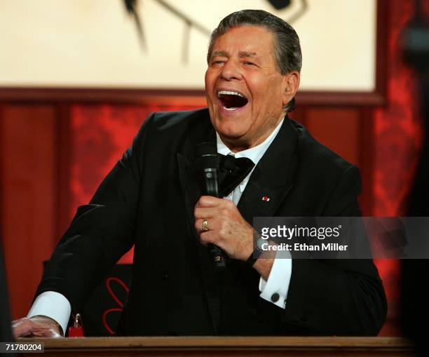 Entertainer Jerry Lewis laughs during the 41st annual Labor Day Telethon to benefit the Muscular Dystrophy Association at the South Coast Hotel &...