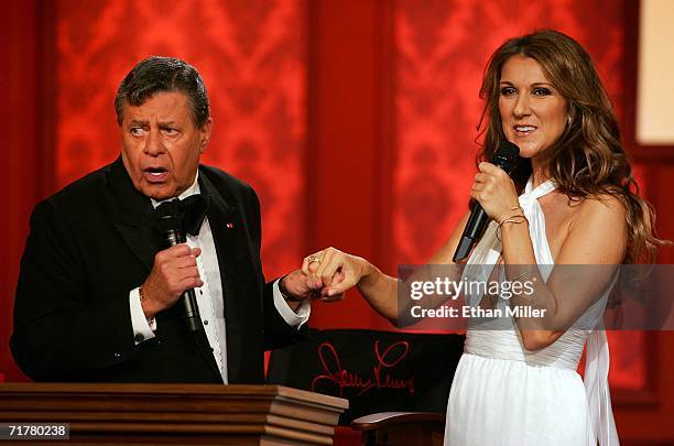 Entertainer Jerry Lewis greets singer Celine Dion after she performed at the 41st annual Labor Day Telethon to benefit the Muscular Dystrophy...