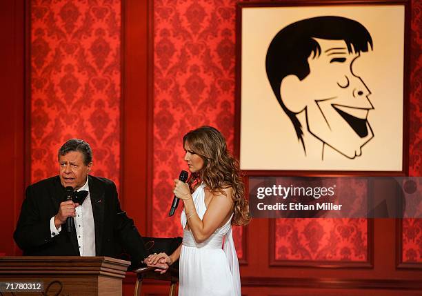 Entertainer Jerry Lewis greets singer Celine Dion after she performed at the 41st annual Labor Day Telethon to benefit the Muscular Dystrophy...