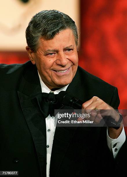 Entertainer Jerry Lewis smiles during the 41st annual Labor Day Telethon to benefit the Muscular Dystrophy Association at the South Coast Hotel &...