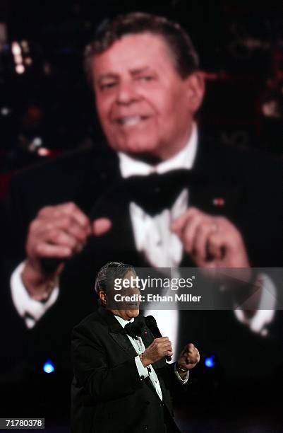 Entertainer Jerry Lewis sings during the 41st annual Labor Day Telethon to benefit the Muscular Dystrophy Association at the South Coast Hotel &...
