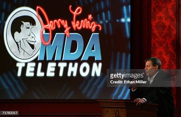 Entertainer Jerry Lewis speaks during the 41st annual Labor Day Telethon to benefit the Muscular Dystrophy Association at the South Coast Hotel &...