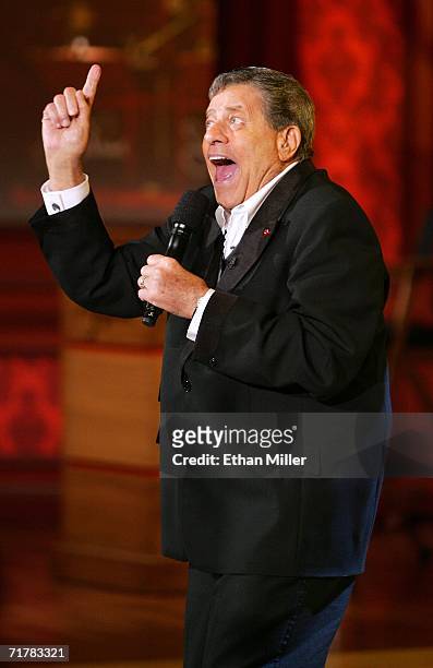 Entertainer Jerry Lewis performs during the 41st annual Labor Day Telethon to benefit the Muscular Dystrophy Association at the South Coast Hotel &...