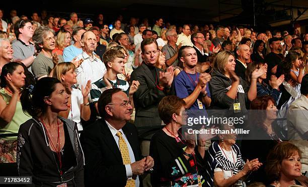 Audience members give entertainer Jerry Lewis a standing ovation as he appears on stage for the final hour of the 41st annual Jerry Lewis Labor Day...
