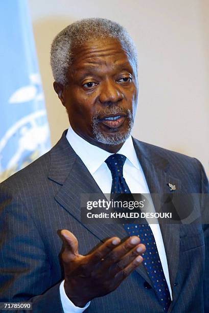 Secretary General Kofi Annan talks to reporters in a joint press conference with Egyptian Foreign Minister Ahmed Abul Gheit after their meeting with...
