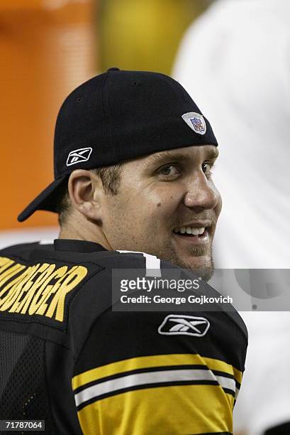 Quarterback Ben Roethlisberger of the Pittsburgh Steelers smiles while on the sideline during a preseason game against the Carolina Panthers at Heinz...