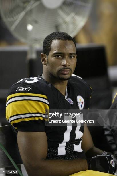 Wide receiver Willie Reid of the Pittsburgh Steelers on the sideline during a preseason game against the Carolina Panthers at Heinz Field on August...