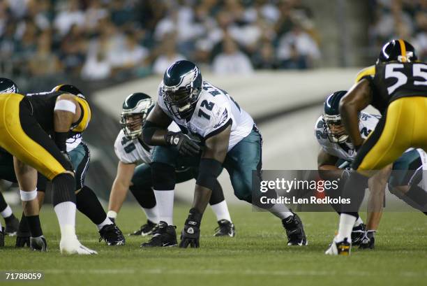 Offensive tackle William Thomas of the Philadelphia Eagles lines up for a play during a preseason game against the Pittsburgh Steelers on August 25,...