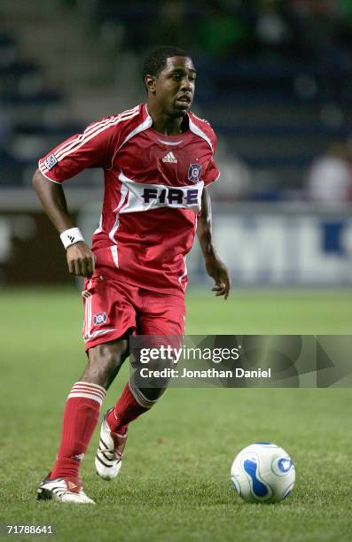 Dasan Robinson of the Chicago Fire controls the ball during the game against the Houston Dynamo on August 30, 2006 at Toyota Park in Bridgeview,...