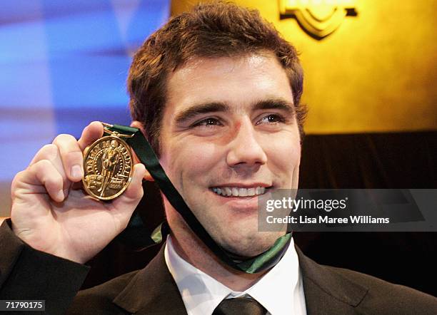 Cameron Smith of the Melbourne Storm poses with the Dally M Award medal after the presentation at the Dally M Awards at Sydney Town Hall September 5,...