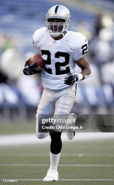 Duane Starks of the Oakland Raiders stands on the field during the game with the Seattle Seahawks on August 31, 2006 at Qwest Field in Seattle...