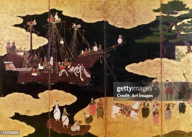 The Arrival of the Portuguese in Japan, detail of the left-hand section of a folding screen, Kano School
