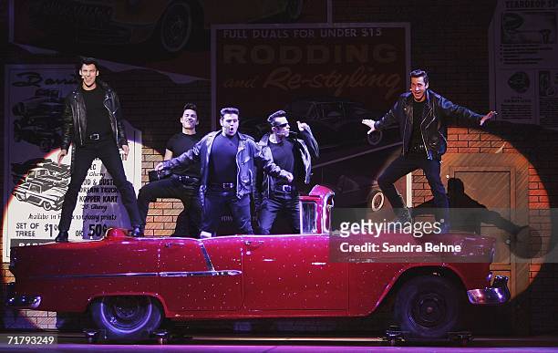 The Boys" perform "Grease Lightning" on stage during a photocall for the musical "Grease" on September 6, 2006 in Munich, Germany.