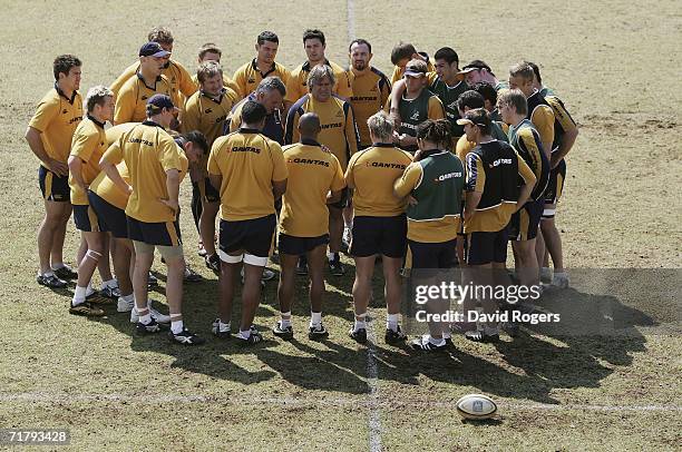 John Connolly, the Australian Head Coach, and his assistant Scott Johnson talk to the team during the Wallaby training session held at St. David's...