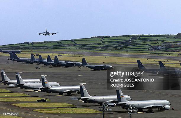 An undated file picture taken in March 2003 shows a US Air Force plane landing on the Base das Lajes, a US military base in the Portuguese...