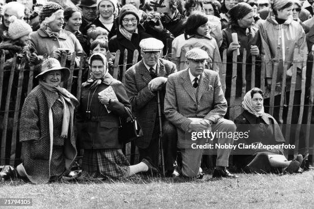 Queen Elizabeth and Queen Elizabeth The Queen Mother watching an event at the Badminton Horse Trials, Gloucestershire with The Duke of Beaufort and...